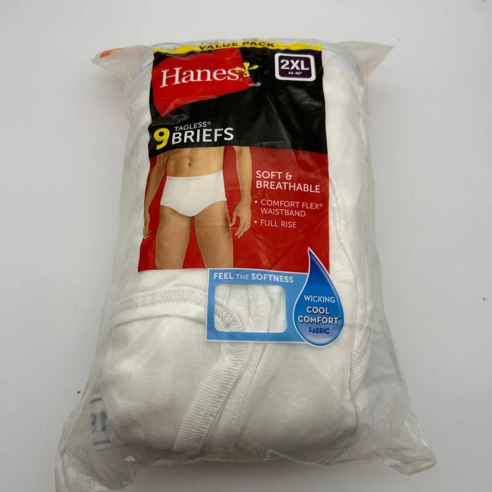 Hanes Mens 9 Pack Tagless Briefs White 100% Cotton Full Rise Underwear 2XL 44-46